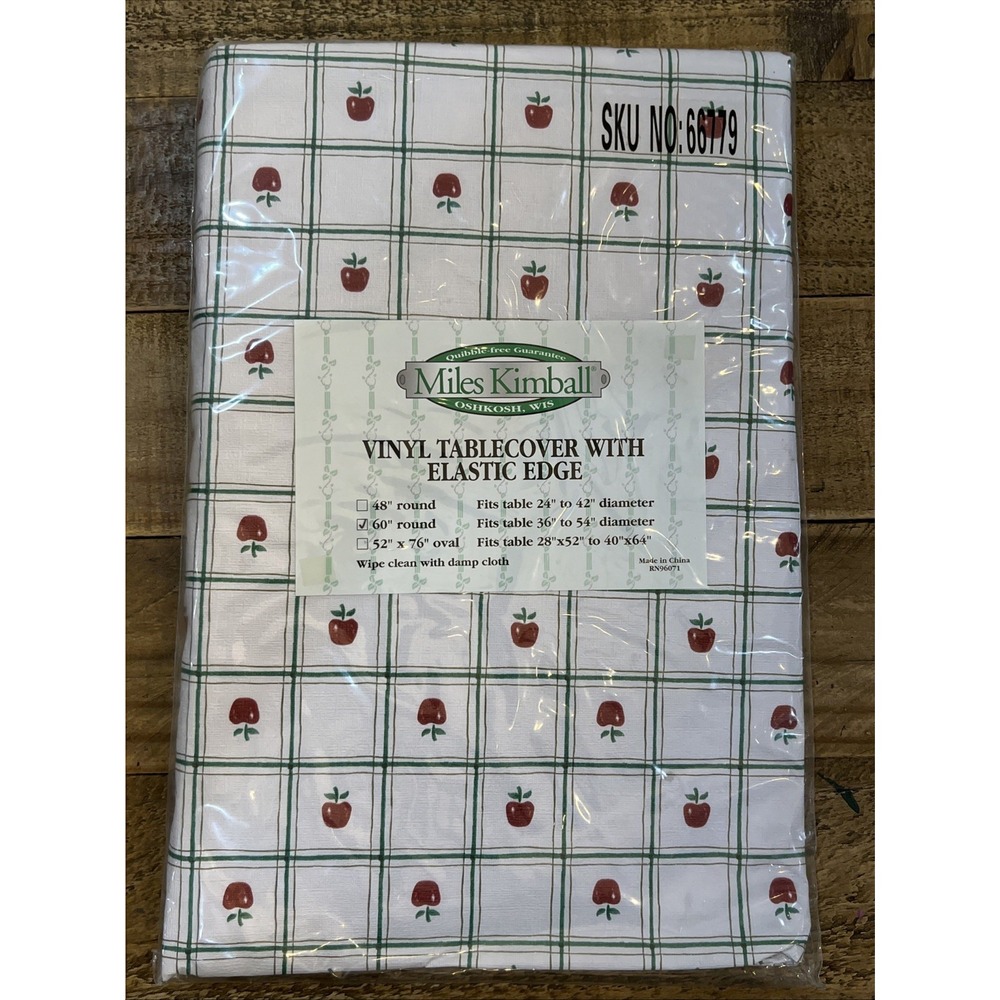 Miles Kimball Vinyl Table Cover/ Cloth Apples 60" Round Fits Tables 36"-54" Diam